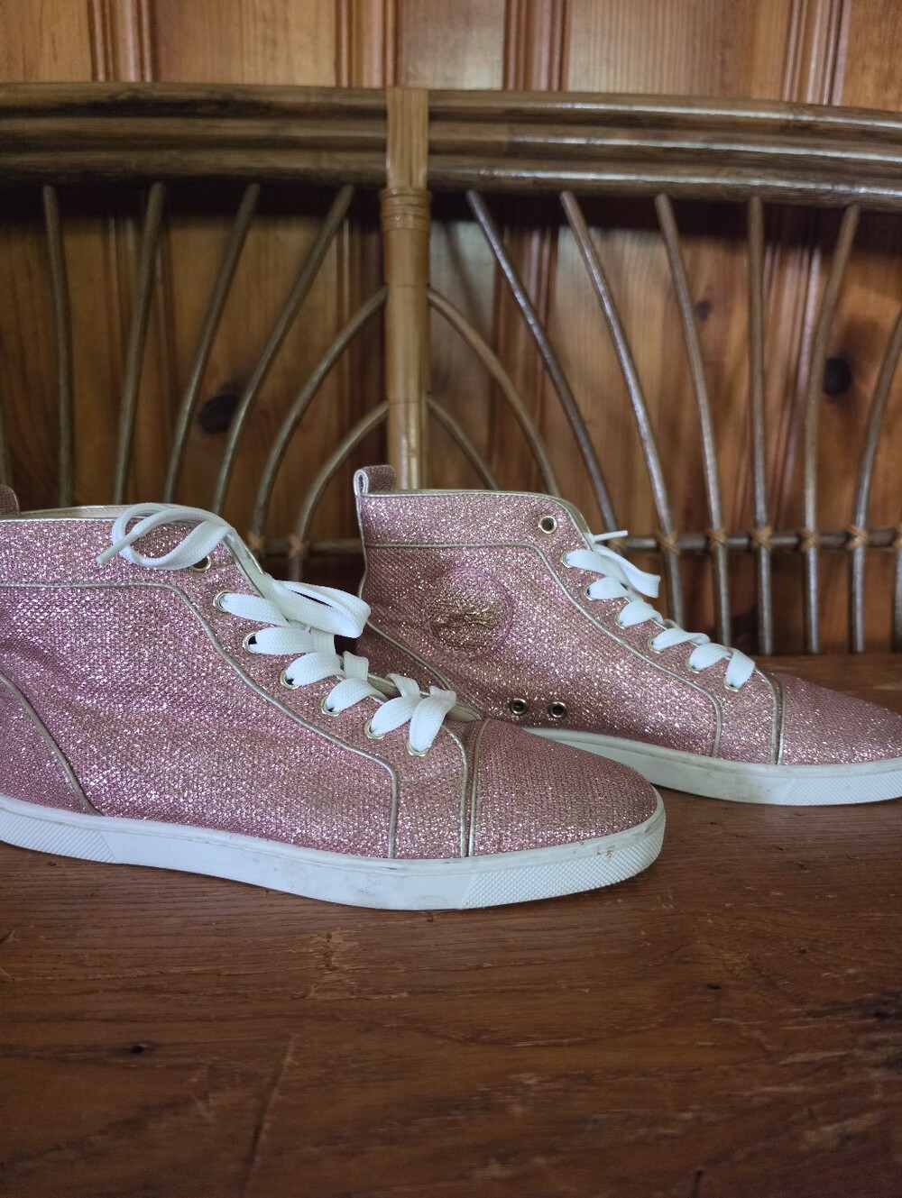 Christian Louboutin Sparkly Pink High Top Sneakers with Hot Pink Laces - Picture 10 of 16